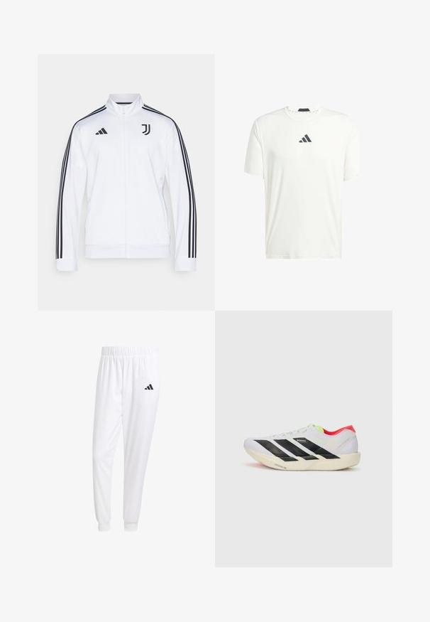 Bílá sportovní bunda na zip se černými pruhy na rukávech, s logem Adidas a emblémem Juventusu na hrudi. Hladký povrch látky.; Bílý krátký rukáv tričko vyrobené z lehkého materiálu s kulatým výstřihem a tmavě šedým logem na hrudi. Hladký povrch, volný střih.; Bílé sportovní kalhoty vyrobené z hladkého materiálu, s elastickým pasem a přiléhavými manžetami, s černým logem na zadní kapse.; Bílé běžecké boty s černými pruhy, neonově zelenými akcenty a červenou patou. Mají lehký design a texturovanou podrážku pro lepší přilnavost.