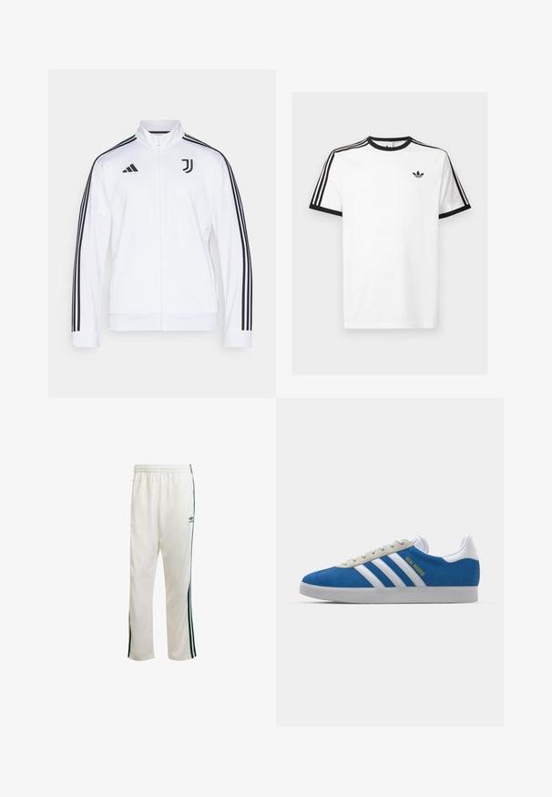 Bijela sportska jakna s patentnim zatvaračem i crnim prugama na rukavima, s adidas logotipom i Juventus grbom na prsima. Glatka tkanina.; Bijela pamučna majica s crnim rebrastim izrezom i rukavima, s tri crne pruge na svakom ramenu i malim logom na prsima.; Bijele sportske hlače s zelenim bočnim prugama, elastičnim pojasom i logotipom na gornjem lijevom dijelu. Napravljene su od lagane tkanine.; adidas Originals ADIDAS GAZELLE SHOES - Dvoranske nogometne kopačke - real madrid/bluebird/footwear white/crew yellow