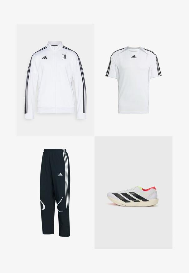 Hvit sportjakke med glidelås og svarte striper på ermene, med Adidas-logo og Juventus-emblem på brystet. Glatt stofffinish.; Hvit kortermet treningsskjorte med svarte Adidas tre-stripes detaljer på skuldrene, laget av glat og lett stoff.; Svart joggebukser med hvite striper og logo, med løs passform, elastisk midje og buede hvite mønstre på sidene.; Hvite joggesko med svarte striper, neongrønne detaljer og rød hæl. Har et lett design og teksturert såle for grep.