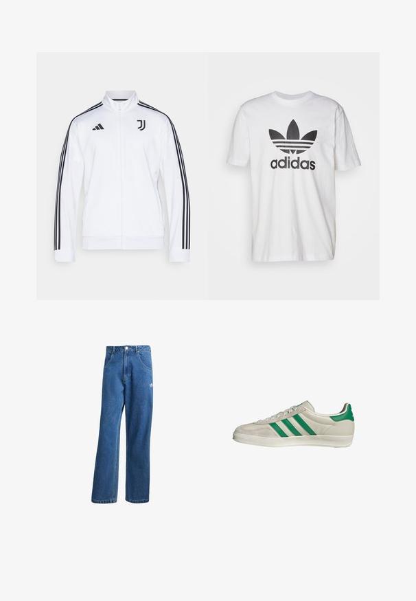 Giacca sportiva bianca con zip e strisce nere sulle maniche, con il logo Adidas e un emblema della Juventus sul petto. Finitura in tessuto liscio.; T-shirt bianco in cotone con logo Adidas nero e design a tre foglie e tre strisce. Maniche corte, scollo rotondo e vestibilità morbida.; Jeans di denim a vita alta e gamba larga blu, con tasche frontali, passanti per cintura, chiusura a bottone e piccolo logo Adidas sulla coscia destra.; Sneaker beige con strisce verdi, con suola bianca e tomaia in pelle liscia. Vista laterale che evidenzia i dettagli dei lacci e il logo.