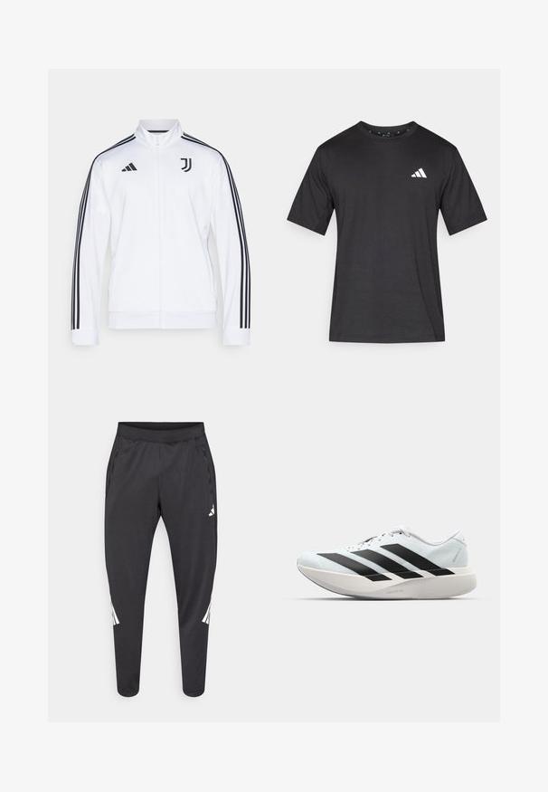 Biela športová bunda na zips s čiernymi pruhmi na rukávoch, obsahujúca logo Adidas a emblém Juventusu na hrudi. Hladký povrch látky.; Čierne tričko s krátkym rukávom vyrobené z látky s hladkou textúrou; má biele logo na hrudníku a okrúhly výstrih.; Čierne športové nohavice so zúženými nohavicami, elastickým pásom, bočnými vreckami a bielym logom a pruhmi. Vyrobené z hladkého, ľahkého materiálu.; Ľahké bežecké topánky v svetlomodrej farbe s čiernymi pruhmi. Majú hladký zvršok, okrúle špičky a hrubú bielu medzipodrážku označenú "LIGHTSTRIKE PRO."