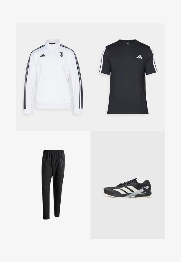 Valge suleteki spordijakk, millel on mustad triibud varrukatel, Adidas logo ja Juventus'i embleem rinnal. Sile kangas.; Mustvalge T-särk puuvillast, lühikeste varrukatega, millel on valged triibud õlgadel ja valge logo vasakul rinnal.; Mustavad spordipüksid elastse vöökoha, kahe tõmblukuga küljetasku, kitsenevate säärete ning õrna logodetailiga puusadel.; Mustad sportlik jalanõud mustade värvidega, valgete triipudega, võrgusilma pealmine osa, ümar varvas ja pehme tallaga. Omab tekstureeritud kontsa ja kindlat paeltesüsteemi.