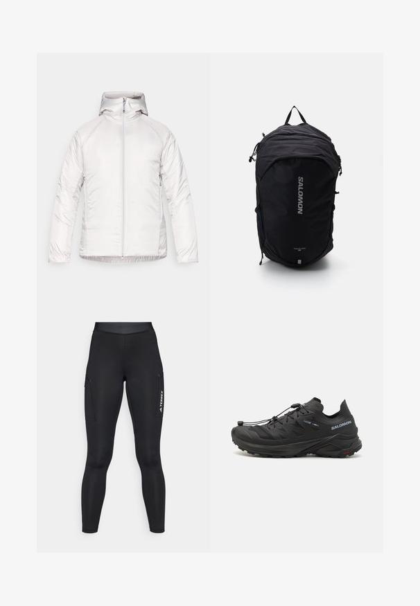 White hooded jacket with a smooth, shiny texture, featuring a full front zipper and raglan sleeves. No visible patterns or accents.; Long-sleeve white athletic top with mock neck and small centered logo on chest, displayed on a plain background.; Black athletic leggings with a fitted design, made of stretchy material. Features side pockets and white "TERREX" branding.; Black trail running shoes with a textured upper, mesh panels, and a secure fastening system. Features a rugged outsole for traction.; Black backpack with a streamlined design, textured fabric, adjustable straps, and a prominent silver "SALOMON" logo on the front.