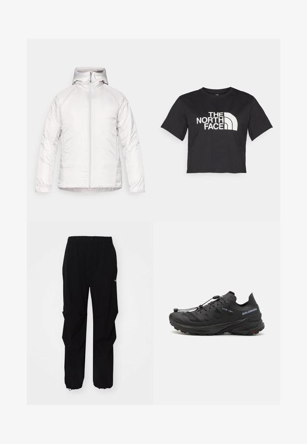 Hvit hettejakke med en jevn, glinsende tekstur, med full front glidelås og raglanermer. Ingen synlige mønstre eller aksenter.; Svart avkortet t-skjorte laget av bomull, med et hvitt logo med buede detaljer og teksten "THE NORTH FACE" på forsiden. Korte ermer, rund hals.; Sorte utendørsbukser laget av slitesterkt materiale, med en avslappet passform, elastisk midjebånd og stramme mansjetter for justerbar lengde.; Svarte terrengløpesko med strukturert overdel, meshneder, og et sikkert festesystem. Har en robust såle for godt grep.