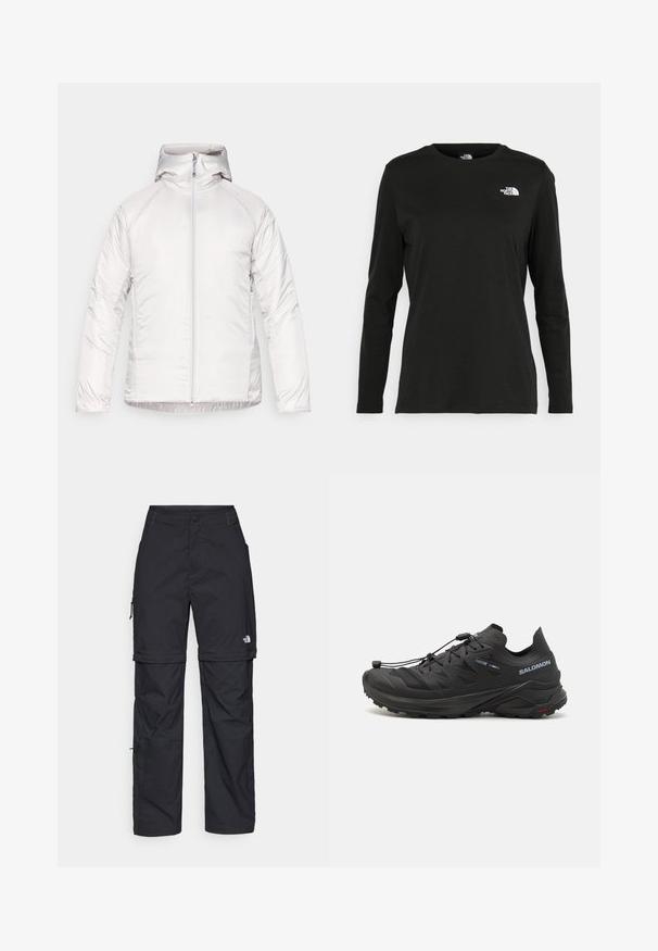 Giacca bianca con cappuccio, caratterizzata da una texture liscia e lucida, dotata di una zip frontale completa e maniche raglan. Nessun motivo o dettaglio visibile.; T-shirt nera a maniche lunghe in cotone con colletto rotondo. Presenta un piccolo logo bianco sul lato sinistro del petto. Design semplice e vestibilità comoda.; Pantaloni cargo in nylon nero con zip rimovibile, polsini regolabili, molteplici tasche e un logo sulla gamba destra. Tessuto liscio e leggero.; Scarpe da trail running nere con una parte superiore testurizzata, pannelli in rete e un sistema di chiusura sicuro. Presentano una suola robusta per una buona trazione.