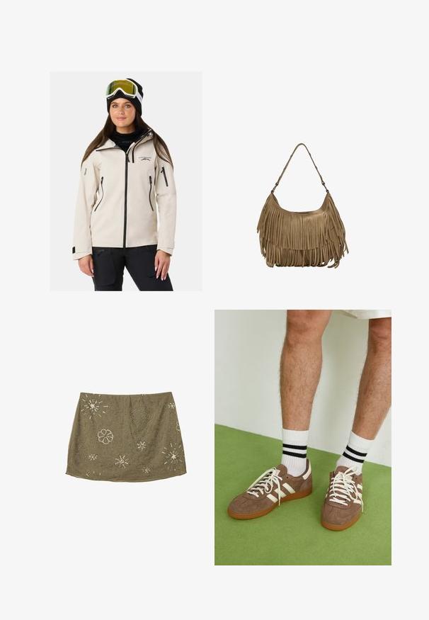Giacca impermeabile beige con zip e dettagli neri, dotata di chiusura frontale a zip, tasche laterali e cappuccio. Indossata con occhiali da sci e un berretto.; Canotta verde oliva con scollatura a V, spalline incrociate regolabili, impreziosita da ricami floreali argentati e dettagli di perline.; Gonna verde oliva con vita aderente, con decorazioni in perline argentate in modelli floreali e a stella, che creano un design della superficie testurizzato.; Sneaker in suede marrone con dettagli e lacci bianchi. Suola in gomma color gomma. Indossati con calzini bianchi con righe nere. Pavimento verde texturizzato.; Borsa a tracolla in suede marrone con lunghi dettagli in frange, forma curva e una singola tracolla. Presenta una superficie liscia e testurizzata.