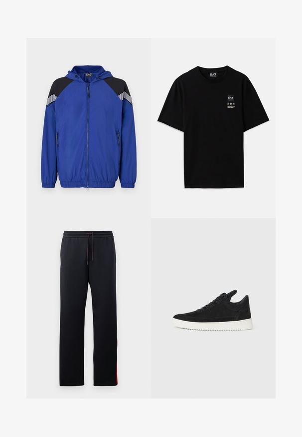 Casaco leve azul com capuz, apresentando realces pretos nos ombros e detalhes às riscas. Frente com fecho éclair e punhos elásticos. Textura suave.; T-shirt de algodão preto com mangas curtas, decote redondo e uma pequena etiqueta com logótipo na parte da frente, apresentando símbolos de cuidado em branco.; Calças de treino negras com uma cintura elástica ajustável, pernas ajustadas e riscas vermelhas nas laterais. Tecido suave e elástico com uma textura lisa.; Sapatilha de camurça preta com sola de borracha branca, apresentando costuras tonais e um design com atacadores. Textura suave com uma forma moderna e simplificada.