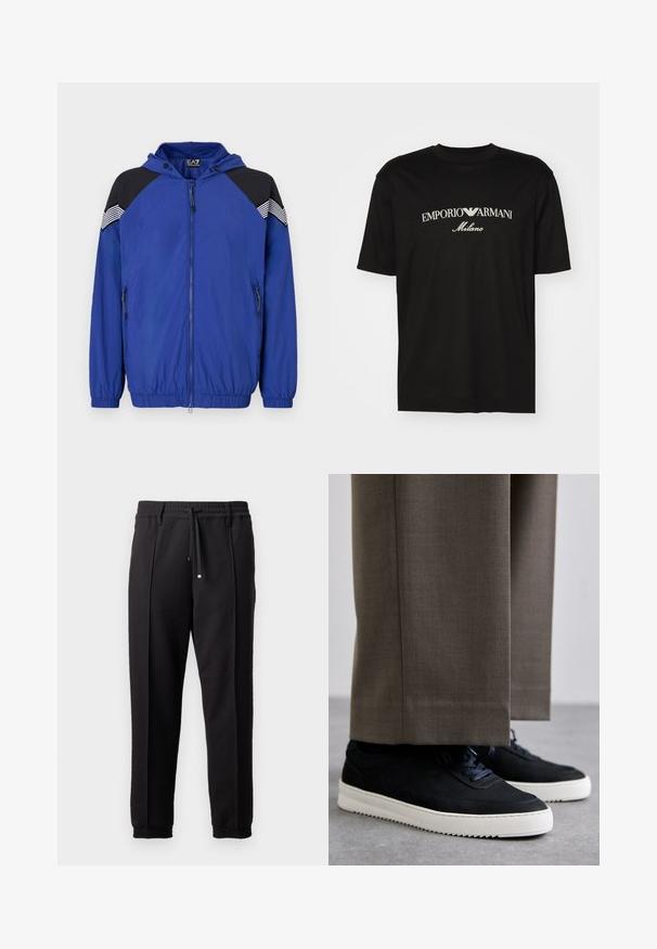 Blå lett jakke med hette, med svarte skulderdetaljer og stripete dekor. Glidelås foran og elastiske mansjetter. Jevn tekstur.; Svart bomulls T-skjorte med rund hals, korte ermer og "EMPORIO ARMANI" logo i hvitt over "Milano" i en buet design.; Sorte bukser med liv, snor og elastiske mansjetter. Har plisséer og et glatt, teksturert stoff.; Svarte suedeglans sneakers med hvite gummisåler, med rund tå og lisser, iført grå skreddersydde bukser.