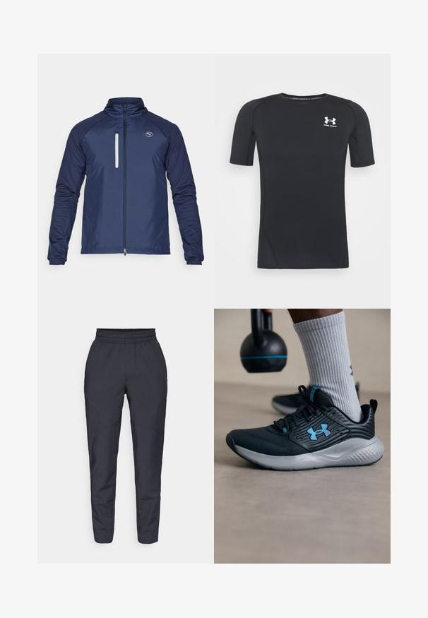 Casaco leve azul-marinho com colarinho alto, fecho zip frontal completo e um pequeno bolso no peito com fecho zip. Apresenta mangas longas e punhos elásticos.; Camiseta atlética preta de manga curta, feita de tecido elástico e que absorve a humidade. Apresenta um decote redondo e um pequeno logótipo branco no peito.; Calças ajustadas em azul-marinho fabricadas em tecido suave, com um cós elástico, bolsos laterais e uma textura lisa com detalhes de costura subtis.; Sapatilha atlética preta com detalhes em azul, parte superior texturizada e sola cinza. Usada com meias caneladas cinza, ao lado de um kettlebell preto.