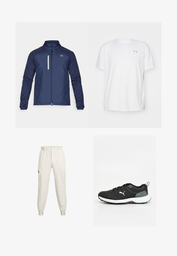 Tamsiai mėlynas lengvas džemperis su aukštu apykakle, visiškai užtraukiama priekyje ir maža užtrauktuku uždaryta krūtine kišenė. Turi ilgas rankoves ir elastingus rankogalius.; Balta trumpa rankovėmis sportinė marškinėliai, pagaminti iš lygaus audinio. Yra apvalus kaklas ir pilkas logotipas kairėje krūtinės pusėje, o apatinėje dalyje yra šoninės plyšiai.; Šviesiai smėliniai džinsai su elastingu juosmeniu, šoninėmis kišenėmis ir rūbų juostelėmis; turi juodą logotipo akcentą kairėje klube.; Juodi sportiniai bateliai su tekstūruota viršutine dalimi, balta padu su pilkomis detalėmis ir ryškiu prekės ženklo logotipu šone.