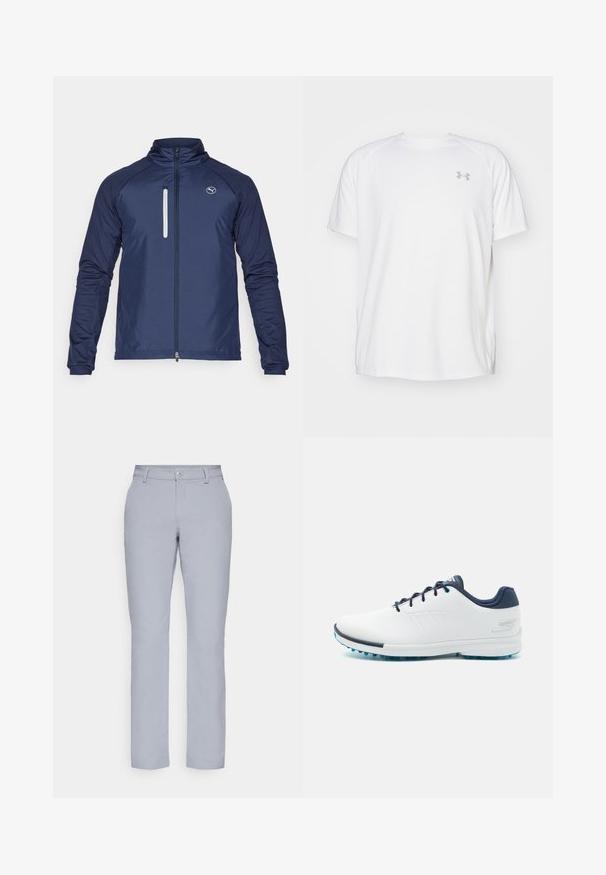 Laikinas tamsiai mėlynas švarkas su aukštu apykakle, pilnu užtrauktuku priekyje ir mažais užtrauktuku užsegamais krūtinės kišenėmis. Yra ilgos rankovės ir elastiniai pasiuvimai.; Valkoinen lyhythihainen urheilupaita, joka on valmistettu sileästä kankaasta. Paidassa on pyöreä kaula-aukko ja harmaa logo vasemmassa rinnassa, sekä sivuhalkiot helmassa.; Harmaat suorat housut, nappikiinnitys, etutaskut ja sileä, teksturoitu kangas. Minimalistinen muotoilu, ilman kuvioita.; Valkoiset urheilukengät sileällä synteettisellä päällisellä, siniset yksityiskohdat, teksturoitu tummansininen kantapää ja kevyet, piikkiset pohjat pidon lisäämiseksi.