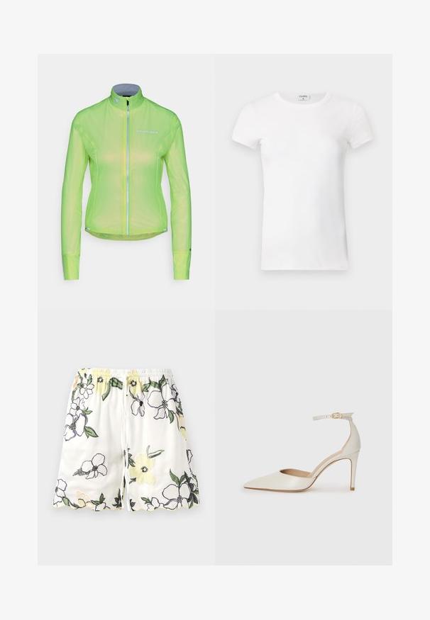 Gaismas svara jaka spilgti neona zaļā krāsā, ar pilnu priekšējo rāvējslēdzēju, garām piedurknēm un atstarojošiem akcentiem. Izgatavota no caurspīdīga, elpojoša materiāla.; Balts ribots īsām piedurknēm T-krekls ar apaļu kaklu. Audumam ir gluda virsma un tas ir pieguļošs. Zīmola etiķete redzama pie apkakles.; Baltie šorti ar ziedu izšuvumiem dzeltenā, purpursarkanā un melnā krāsā. Aprīkoti ar elastīgu jostu un viļņotu apakšmalu. Ar saistāmām aizdares saitēm.; Baltas ādas augstpapēžu kurpes ar smailu purngala daļu, potītes siksniņu un šauru stiletto papēdi. Gluda tekstūra ar smalku spīdumu.