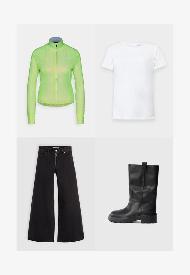 Leichte Jacke in leuchtendem Neon-Grün, mit einem durchgehenden Reißverschluss, langen Ärmeln und reflektierenden Akzenten. Hergestellt aus einem durchsichtigen, atmungsaktiven Material.; Weißes T-Shirt mit kurzen Ärmeln aus Baumwolle und Rundhalsausschnitt. Glatte Textur und gerader Schnitt, keine Muster oder Akzente.; Schwarze Denim-Jeans mit weitem Bein, Reißverschluss vorne, Fünf-Taschen-Design und dezenten Stickdetails. Glatte Textur und lässiger Stil.; Schwarze Lederstiefel bis zum Knie mit schlankem Design, ausgestattet mit einer dicken Sohle und einem seitlichen Zugschlauf für ein einfaches Anziehen. Auffällige Nähte.