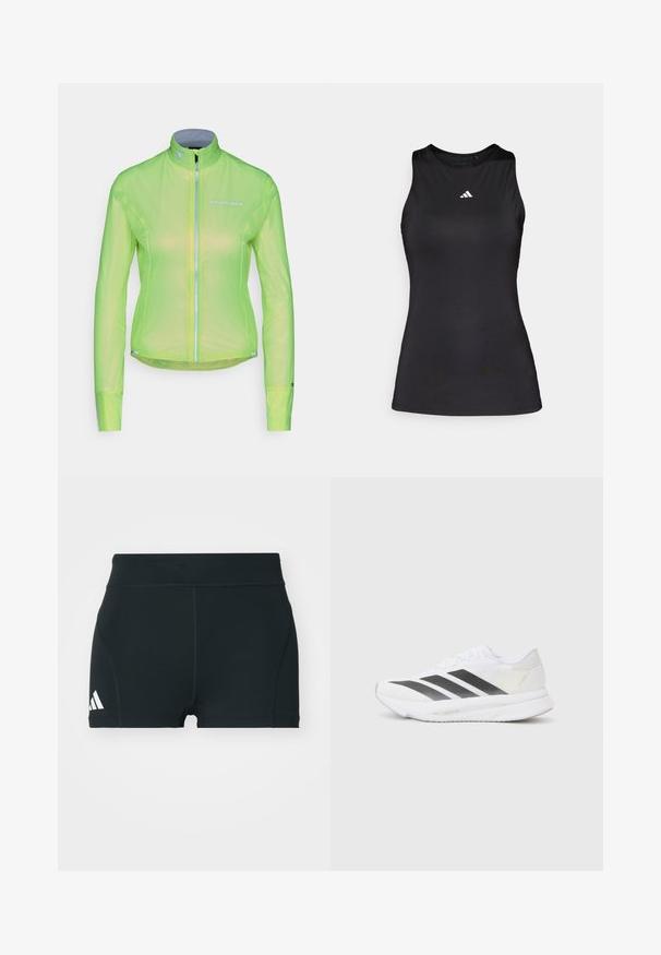 Veste légère en néon vert brillant, dotée d'une fermeture éclair sur le devant, de manches longues et d'accents réfléchissants. Fabriquée en matériau léger et respirant.; Débardeur de sport noir sans manches en tissu lisse. Il présente un col rond et un petit logo Adidas blanc sur la poitrine.; Shorts de sport noirs en tissu extensible, avec une taille haute, une coupe ajustée et un logo Adidas blanc sur le côté gauche.; Chaussure de sport blanche avec des rayures noires en diagonale, tige en maille, bout arrondi et semelle texturée. Les accents comprennent un talon argenté et un design minimaliste.