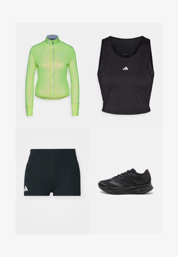 Giacca leggera di un brillante verde neon, con zip frontale completa, maniche lunghe e dettagli riflettenti. Realizzata in un materiale trasparente e traspirante.; Crop top sportivo nero realizzato in tessuto traspirante, con collo rotondo, senza maniche e logo bianco sul petto.; Pantaloni sportivi neri realizzati in tessuto elasticizzato, con vita alta, forma aderente e logo Adidas bianco sul lato sinistro.; Scarpa da corsa nera con tomaia in rete traspirante, punta rotonda, design elegante, dettagli testurizzati e suola ammortizzata per il comfort.