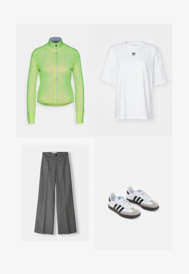 Veste légère en néon vert brillant, dotée d'une fermeture éclair sur le devant, de manches longues et d'accents réfléchissants. Fabriquée en matériau léger et respirant.; T-shirt blanc à manches courtes en coton. Avec un col rond et un petit logo Adidas noir sur la poitrine. Ourlet droit.; Pantalons large gris à rayures, dotés d'une fermeture à bouton et de deux poches avant. Fabriqués en tissu texturé.; Baskets avec une tige en cuir blanc, un bout en daim gris et trois bandes noires. Présente un logo bleu sur la languette et une semelle en caoutchouc texturée.
