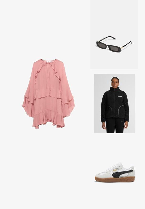 Svart fuskpäls zip-up jacka med hög krage, vit kontraststygn och logotyp på bröstet. Har sidofickor och en avslappnad passform.; Rosa chiffongklänning med en avslappnad passform, som har volanger vid halsringningen, ärmarna och nederkanten, samt en knytning i nacken.; Vita lädersneakers med en svart mockalinje, gummisula och guldlogotyp på sidan. Snörningsdesign med rundad tå.; Svarta rektangulära solglasögon med mörka linser, glänsande plastbågar och guldiga detaljer på skalmarna. Minimalistisk design och strömlinjeformad form.