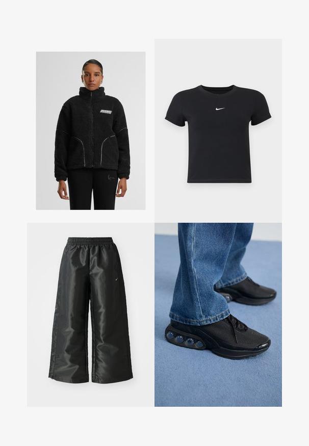 Jachetă din blană sintetică neagră, cu fermoar, guler înalt, cusături albe în contrast și logo pe piept. Prezintă buzunare laterale și o croială relaxată.; Tricou negru cu mânecă scurtă, din bumbac, cu decolteu rotund. Prezintă un logo alb Nike pe piept, design minimalist și croială ajustată.; Pantaloni sportivi negri dintr-un material lucios si neted, dotati cu o talie elastica, picioare late si un logo mic pe partea stanga.; Adidași sport negri cu parte superioară din plasă, accente texturate și capsule de amortizare vizibile în talpă. Purtați cu blugi albaștri.