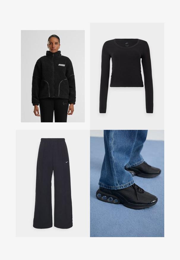 Chaqueta de piel sintética negra con cremallera y cuello alto, costuras en contraste blancas y logo en el pecho. Cuenta con bolsillos laterales y un corte relajado.; Camiseta de manga larga y corte crop en algodón negro sólido. Presenta un escote redondo y un ligero fruncido en los laterales para un ajuste entallado.; Pantalones de pierna ancha negros con una cintura elástica y un pequeño logo blanco de Nike. La tela tiene una textura suave, diseñada para la comodidad y el uso casual.; Zapatillas deportivas negras con parte superior de malla, acentos texturizados y cápsulas de amortiguación de aire visibles en la suela. Combinadas con jeans de mezclilla azul.