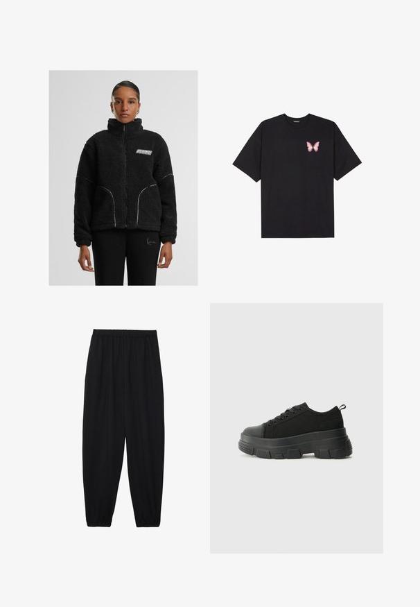 Jachetă din blană sintetică neagră, cu fermoar, guler înalt, cusături albe în contrast și logo pe piept. Prezintă buzunare laterale și o croială relaxată.; Tricou negru din bumbac cu mâneci scurte, având pe partea stângă a pieptului un mic grafic cu un fluture roz. Design cu guler rotund și croială lejeră.; Pantaloni negri, ușori, cu un brâu elastic și tivuri strânse. Materialul este neted și are un design relaxat, conic.; Adidași negri cu talpă groasă din cauciuc, superior din material texturat, bot rotund și design cu șireturi. Include gauri întărite pentru șireturi și o buclă pe spate.