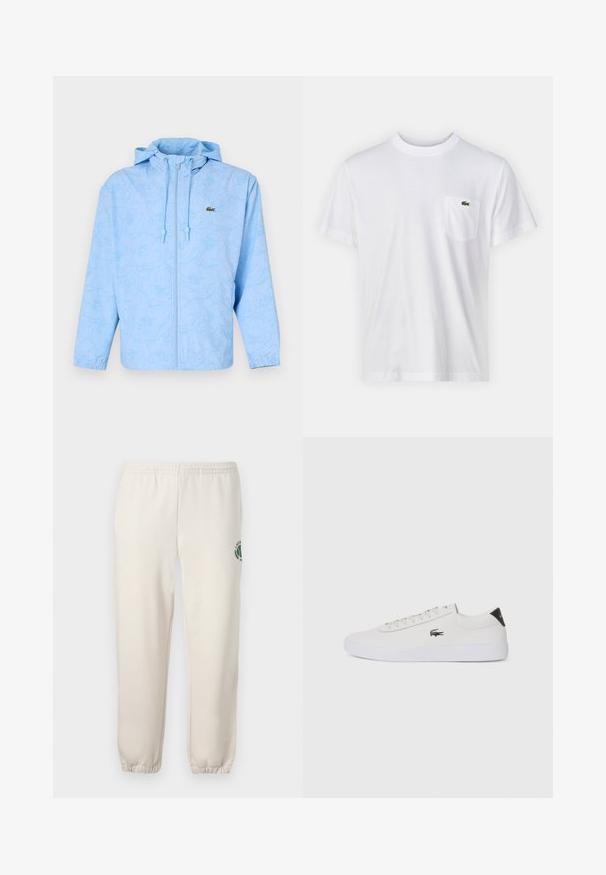 Lacoste Lagana jakna - light bleu; Bijela pamučna majica s okruglim izrezom i kratkim rukavima. Ima džep na lijevoj strani prsnog koša i mali zeleni Lacoste logo.; Svijetlosmeđi dukserici napravljeni od pamuka, s elastičnim pojasom, rebrastim manžetama i zelenim logotipom s dizajnom lista na lijevoj nozi.; Bijele kožne tenisice s okruglim vrhom, vezanjem sprijeda i crnim detaljem na peti. Imaju mali izvezeni logotip krokodila s bočne strane.