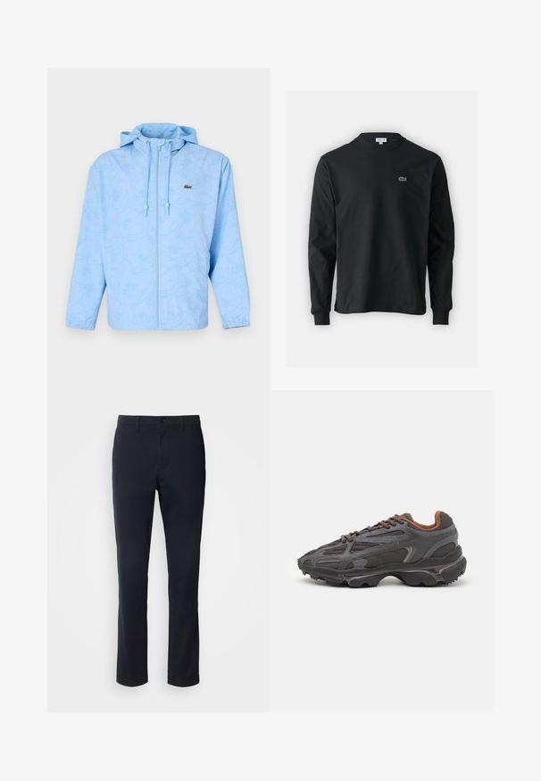 Lacoste Light jacket - light bleu; Black long-sleeve t-shirt made of cotton, featuring a round neckline and a small green embroidered crocodile logo on the left chest.; Navy blue trousers made of smooth fabric, featuring a straight leg design, belt loops, and a button closure with a zip fly.; Lacoste sneakers in dark gray with mesh and synthetic material, featuring a textured sole and brown accents on the collar and branding.