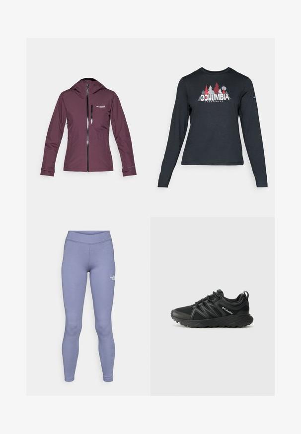 Columbia EXPLORERS EDGE™ INSULATED JACKET - Giacca outdoor - moonvista; Maglietta a maniche lunghe grigia scura con una grafica di alberi rossi e montagne; logo "COLUMBIA" in caratteri bianchi in grassetto. Tessuto morbido, scollatura a girocollo standard.; Leggings sportivi blu realizzati in un morbido e elastico tessuto. Presentano un'alta vita e un piccolo logo bianco sulla coscia sinistra.; Columbia PEAKFREAK - Scarpa da hiking - black