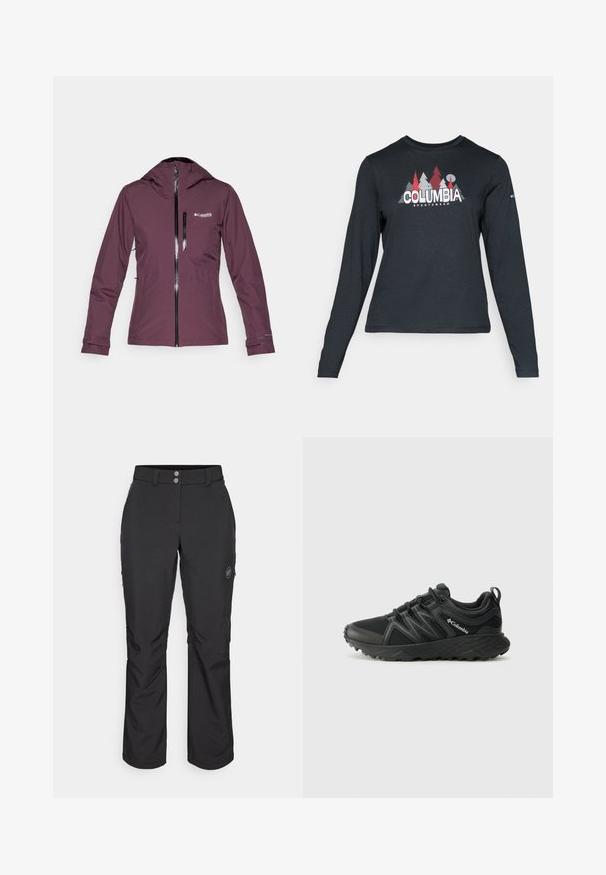 Columbia EXPLORERS EDGE™ INSULATED JACKET - Jakna za nošenje na otvorenom - moonvista; Majica dugih rukava tamnosive boje s grafikom crvenih drveća i planina; logo "COLUMBIA" u podebljanom bijelom tekstu. Mekana tkanina, standardni okrugli izrez.; Crne vanjske hlače ravnog kroja, s kopčanjem na gumb, bočnim džepovima sa zipom i oznakom na lijevom bedru.; Columbia PEAKFREAK - Obuća za pješačenje - black
