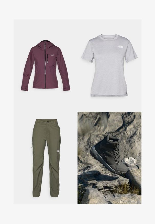 Columbia EXPLORERS EDGE™ INSULATED JACKET - Outdoor jacket - moonvista; Grey short-sleeve t-shirt made of soft, moisture-wicking fabric. Features a crew neck and a small white logo on the upper left.; The North Face EXPLORATION PANTS - Outdoor trousers - new taupe green; Dark gray hiking boot made of synthetic material, featuring a padded collar, metal eyelets, and textured rubber sole for traction.