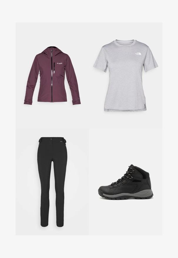 Columbia EXPLORERS EDGE™ INSULATED JACKET - Āra jaka - moonvista; Pelēks īsām piedurknēm T-krekls, kas izgatavots no mīksta, mitrumu noturoša auduma. Tam ir apaļš kakls un neliels balts logo kreisajā augšējā stūrī.; Melni, pieguļoši bikses, izgatavotas no elastīga materiāla. Iespējas ietver rāvējslēdzēju sānu kabatu, ar artikulētām ceļgaliem un gludu tekstūru.; Melni pārgājienu zābaki ar vidēju augstumu, ar teksturētu augšdaļu, pelēkiem akcentiem un izturīgu gumijas zoli ar saķeres izvirzījumiem.