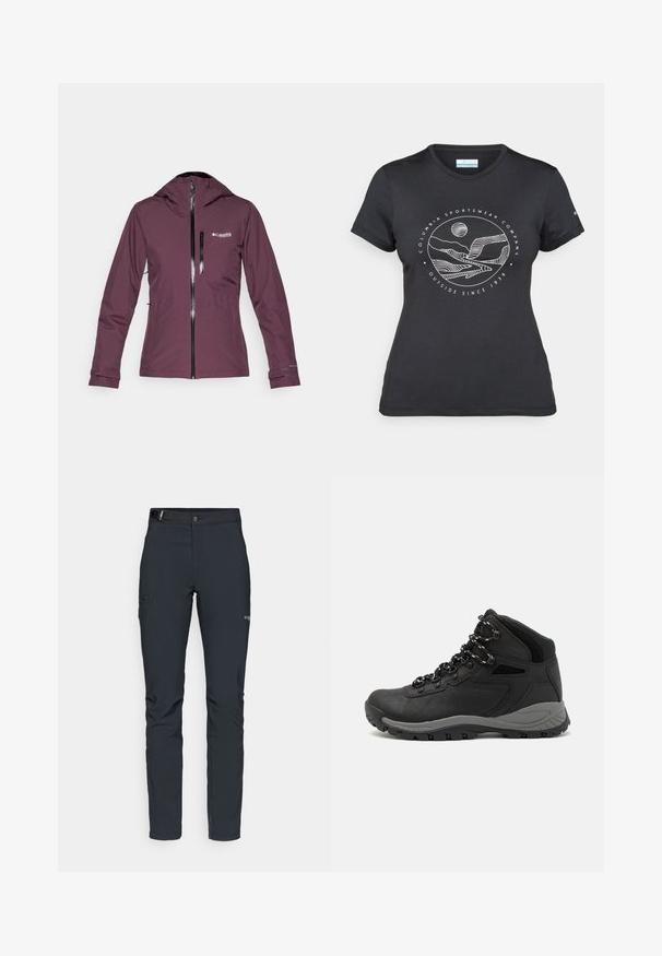 Columbia EXPLORERS EDGE™ INSULATED JACKET - Outdoorjas - moonvista; Zwarte Columbia t-shirt met witte cirkelvormige lijntekening van bergen en een rivier en de tekst "Columbia Sportswear Company Outside Since 1938."; Heren buitenbroeken, donkergrijs, gemaakt van flexibel materiaal, met een riem, ritszakken en verstevigde stiksels.; Zwarte wandelschoen met een mid-top ontwerp, voorzien van een gestructureerde bovenkant, grijze accenten en een duurzame rubberen zool met gripnoppen.