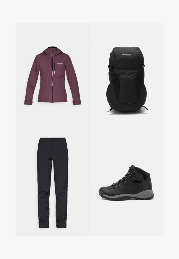 Columbia EXPLORERS EDGE™ INSULATED JACKET - Outdoorjakke - moonvista; Svart langermet treningstrøye laget av lett, pustende stoff. Har rund hals og Columbia-logoen på forsiden.; Sorte, tettsittende bukser med en glatt tekstur, glidelåslomme og en klassisk knappelukking. Passer til uformelt eller semi-formelt antrekk.; Sorte turstøvler med mid-topp design, som har en teksturert overdel, grå detaljer og slitesterk gummisåle med godt grep.; Svart ryggsekk med rund topp, laget av slitesterkt stoff. Har sidelommer i mesh og en regntett dekselmerke nederst.