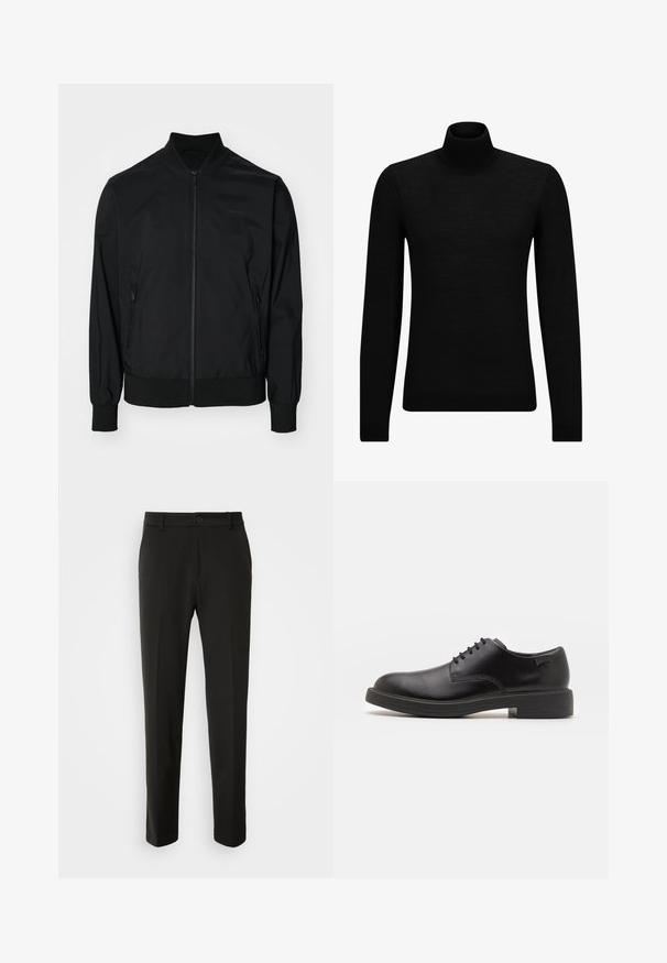 Calvin Klein MATTE JACKET - Bomberjakke - black; Sort turtleneck sweater lavet af blødt materiale, med lange ærmer og en tætsiddende pasform. Ribbet trim ved kanten og manchetter. Simpelt design.; Sorte bukser lavet af glat stof, med lige ben, en knaplukning og et klassisk design, der er velegnet til både formelt og uformelt brug.; Sorte læder snørestøvle med rund tå, glat tekstur, minimal syning og lav gummihæl. Logo på hælen.