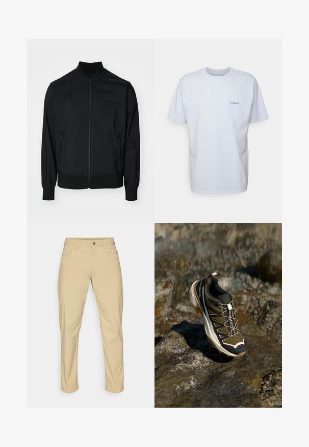 Calvin Klein MATTE JACKET - Giubbotto Bomber - black; T-shirt bianco in cotone con maniche corte, scollo rotondo e tasca sul petto sinistro con il logo "Patagonia" blu. Vestibilità classica con una texture liscia.; Patagonia QUANDARY PANTS - Pantaloni outdoor - classic tan; Scarpe da escursionismo in verde oliva e nero con dettagli rosa. Presentano una parte superiore testurizzata, suola flessibile, puntale rinforzato e un vivace sistema di allacciatura.