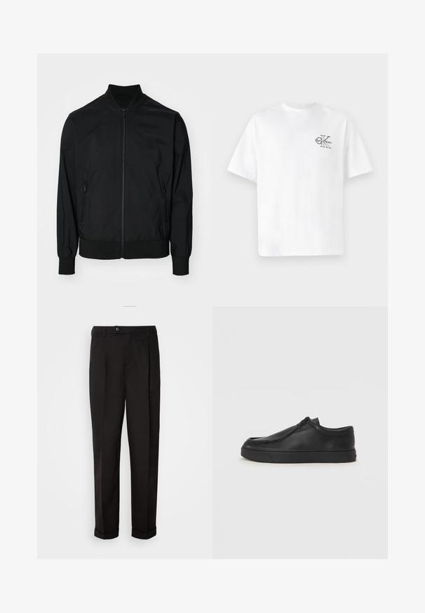 Calvin Klein MATTE JACKET - Bomber stiliaus striukė - black; Balta medvilninė marškinėliai su trumpomis rankovėmis, apvalia kaklo iškirpte, kairėje krūtinės pusėje esantis juodas CK logotipas, standartinio kirpimo, lygus paviršius.; Juodos kelnės su lygiu paviršiumi, tiesaus kirpimo, su dviem priekinių kišenių ir vieno mygtuko uždarymu juosmenyje.; Juodos odinės supjamintus batelius su apvaliu pirštu, siuvinėtu akcentu ir juodu guminiu padu. Lygus tekstūra su minimalistišku dizainu.