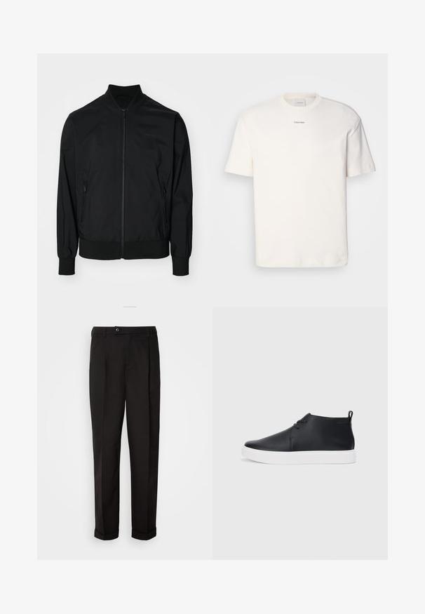 Calvin Klein MATTE JACKET - Bombejakke - black; Hvit bomulls T-skjorte med rund hals, korte ermer og brodert "Calvin Klein" logo i midten av brystet. Enkel design.; Sorte bukser med en glat tekstur, der har lige snit, to forlommer og en enkelt knaplukning i taljen.; Svart skinnhøye sneakers med glatt finish, hvit gummisole og enkelt snøringdesign. Har en løftestropp bak.