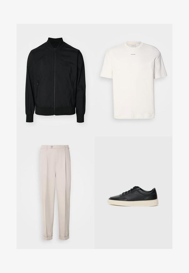Calvin Klein MATTE JACKET - Bomber Jacket - black; White cotton T-shirt featuring a round neck, short sleeves, and embroidered "Calvin Klein" logo at the chest center. Plain design.; Beige trousers made of smooth fabric, featuring a straight fit, single pleat, and rolled cuffs. Includes a front button closure.; Black low-top leather sneaker with black laces and off-white sole shown in side profile on white background.