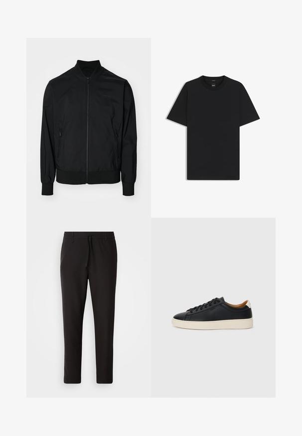 Calvin Klein MATTE JACKET - Bomberjacks - black; Zwarte korte mouwen T-shirt van een gladde katoenmix, met een ronde halslijn en een minimalistisch ontwerp zonder patronen of accenten.; Zwarte joggingsbroek van gladde stof. Kenmerkt zich door een elastische tailleband met een trekkoord, taps toelopende benen en geen zichtbare zakken. Eenvoudig ontwerp.; Zwarte leren sneakers met een gladde textuur, beige rubberen zool, vetersluiting en een contrasterende hielaccent.