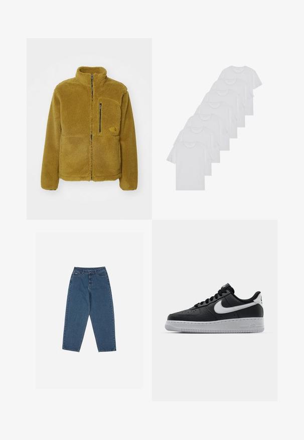 Fleece jakna v gorčičasto rumeni barvi z visokim ovratnikom, žepom z zadrgo na prsih in logotipom. Mehak material in sproščen kroj.; Beli bombažni T-majici, kratki rokavi, krožni izrez, enostavna tekstura, zloženi v vrsto, s subtilnim logotipom na vratu.; Modre traperke z ohlapnim krojem, visokim pasom, petimi žepi in poudarjenim šivanjem. Imajo gumb in zadrgo za zapiranje.; Črne usnjene teniske z teksturirano površino, bele Nikejeve zmage, sivo podplato, okroglo konico in vezalno zasnovo. Imajo perforacije na prednjem delu.