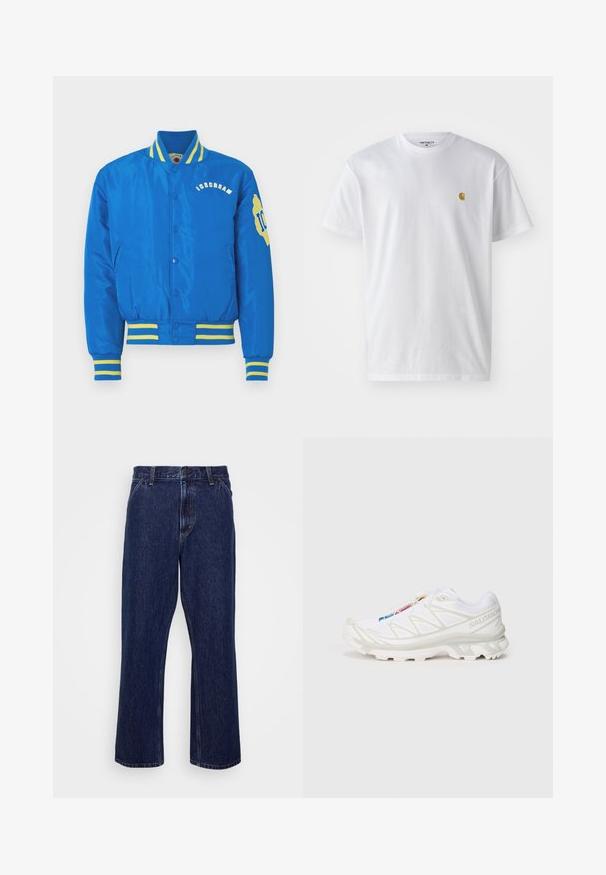 Plava jakna s varšavskim stilom s žutim prugastim detaljima. Sadrži vezeni natpis "ICECREAM" i logo. Izrađena je od glatkog, sjajnog materijala.; Bijela pamučna majica kratkih rukava s okruglim izrezom, sa malim zlatnim logotipom na lijevoj strani prsnog koša. Mekana tekstura i standardni kroj.; Tamno plave traperice s ravnim nogavicama, s kopčanjem na gumb, pet džepova i suptilnim detaljima šivanja.; Bijela atletska obuća s teksturiranim mrežastim gornjim dijelom, reflektirajućim detaljima i podstavljenim potplatom. Značajan logo brenda sa strane.
