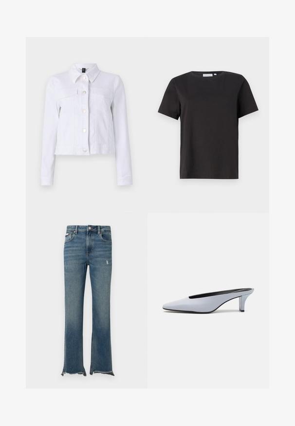 Weißes Denim-Jackett mit langen Ärmeln, Knopfverschluss, zwei Brusttaschen und rohem Saum. Hergestellt aus leichtem Baumwollstoff.; Schwarzes Baumwoll-T-Shirt mit kurzen Ärmeln, Rundhalsausschnitt und einem einfachen, klaren Design. Keine sichtbaren Muster oder Verzierungen.; Blaue Jeans aus Denim mit leichter Used-Optik, rohen, ausgefransten Säumen, Fronttaschen, Gürtelschlaufen und Knopfverschluss.; Helles blaues Lackleder-Mule mit spitzem Zehenbereich, niedrigem transparentem Absatz und einem eleganten Design, das einen Ausschnitt im Vorderblatt aufweist.