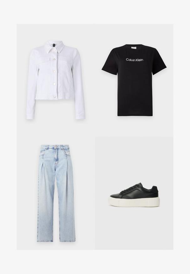 Hvid denimjakke med lange ærmer, knaplukning, to brystlommer og rå kantdetaljer. Lavet af letvægts bomuldsstof.; Sort bomulds T-shirt med korte ærmer, med et hvidt logo "Calvin Klein" trykt på brystet. Klassisk runde halsdesign.; Lyseblå denim jeans med høj talje, bred benåbning, to sidelommer og plisseret design. Blød tekstur med et falmet finish.; Sort lædersneaker med rund tå, hvid platformssål og sorte snørebånd. Har et diskret logo på hælen og en glat overflade.