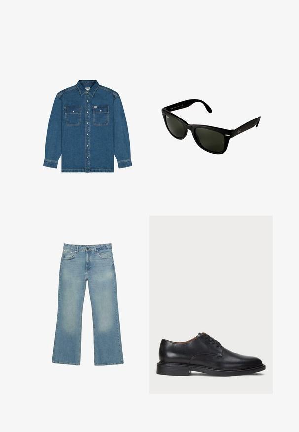 Wrangler LONG SLEEVE LOOSE FIT - Cowboyjakker - retro blue; Hvid langærmet henley skjorte med tre knapper og rund halsudskæring, præsenteret på en ensfarvet hvid baggrund.; Lysblå denim bukser med vid ben, fem lommer, knaplukning og diskret falmning, med rå kant og kraftig syning.; Sorte læder dress sko med rund tå, snørelukning og en lav stablet hæl. Glat tekstur med minimale syningsdetaljer.; Sorte plastiksolbriller med mørkegrønne linser. Firkantet rammedesign med sølvdetaljer og et præget logo på stængerne.