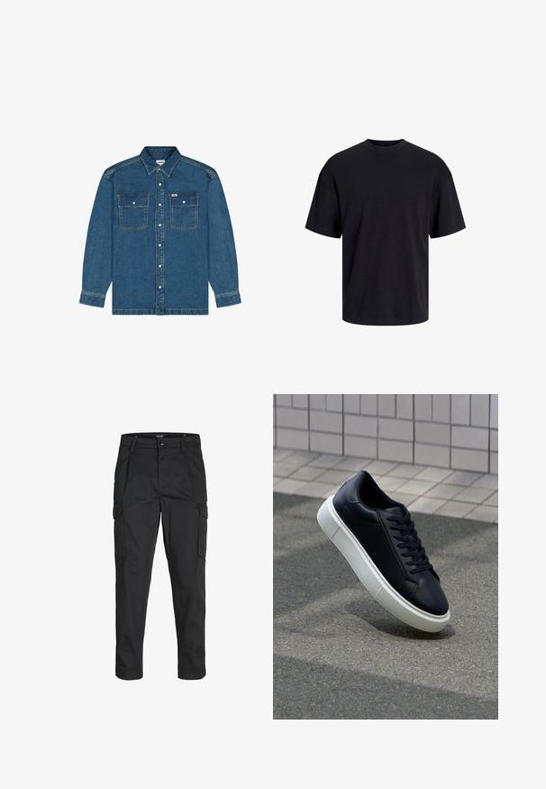 Wrangler LONG SLEEVE LOOSE FIT - Cowboyjakker - retro blue; Sort bomulds t-shirt med rund hals, korte ærmer og en afslappet pasform. Glat tekstur uden synlige mønstre eller accenter.; Sorte cargo-bukser lavet af slidstærkt stof, der har flere lommer, en knaplukning og et slim fit design med smalle ben.; Sort lædersneaker med rund tå og hvid gummisål. Har flade snørebånd og minimal syning på overdelen. Tekstureret sål for bedre greb.