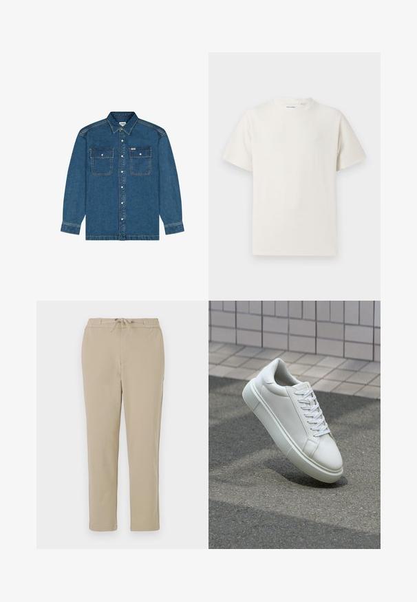 Wrangler LONG SLEEVE LOOSE FIT - Cowboyjakker - retro blue; Hvid kortærmet T-shirt i ribbet tekstur. Rund halsudskæring, løs pasform, ingen synlige mønstre eller accenter. Enkel og alsidig design.; Beige loungebukser med elastisk talje og snøre, med en lige ben-design og blød, glat tekstur.; Hvide lædersneakers med en glat overflade, rund tå og flade hvide snørebånd. Har en tekstureret gummisål og minimalt design.