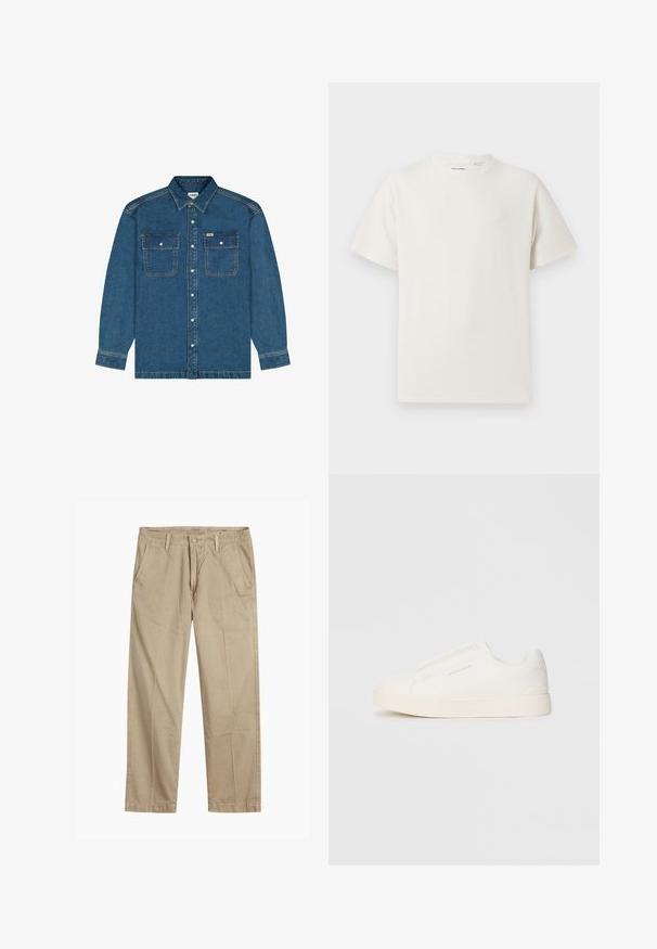 Wrangler LONG SLEEVE LOOSE FIT - Cowboyjakker - retro blue; Hvid kortærmet T-shirt i ribbet tekstur. Rund halsudskæring, løs pasform, ingen synlige mønstre eller accenter. Enkel og alsidig design.; Beige lige ben chinos med bæltestropper, frontknap og lynlås lukning samt skrå frontlommer.; Hvide slip-on sneakers med en struktureret overflade, en tyk sål og et minimalistisk design. Har brandlogoet på siden.