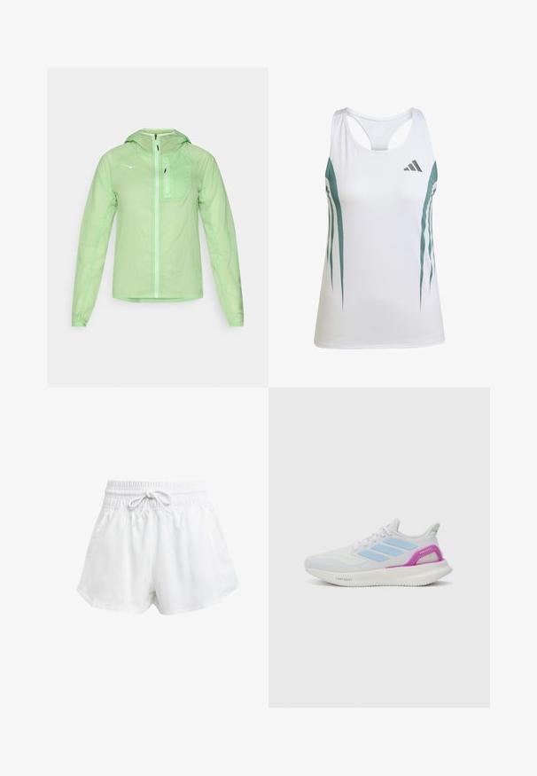 HOKA SKYFLOW JACKET - Veste coupe-vent - tart apple; Débardeur de sport blanc avec des accents teal et un motif géométrique. Présente un dos nageur et un tissu léger et texturé.; Shorts de sport blancs avec une taille élastique et un cordon de serrage réglable. Fabriqués en matériau léger, ils sont dotés de poches latérales et d'une coupe ample.; adidas Performance PUREBOOST 5 - Chaussures de running sur route - white/glow blue/purple burst