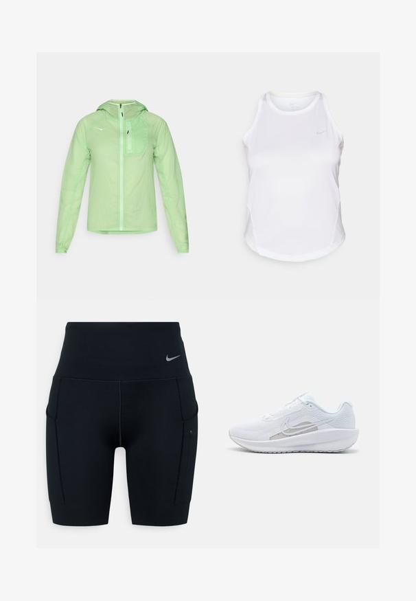 HOKA SKYFLOW JACKET - Windjack - tart apple; Wit sportief tanktop met een ronde halslijn, mouwloos ontwerp en subtiele reflecterende logo. Gemaakt van een gladde, vochtregulerende stof.; Zwarte hoogsluitende sportshorts gemaakt van rekbaar materiaal; heeft zijzakken en een klein Nike-logo op de tailleband.; Witte sportieve schoen met een bovenwerk van mesh, ronde neus en een textuurzool. Beschikt over een zilveren Nike swoosh en een minimalistisch ontwerp.
