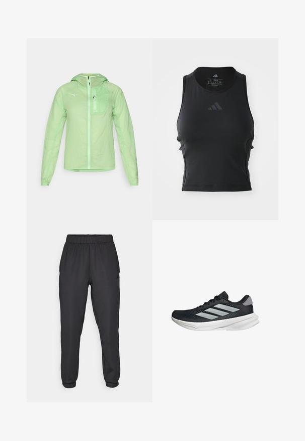 HOKA SKYFLOW JACKET - Giacca a vento - tart apple; Top fitness nero accorciato realizzato in tessuto liscio ed elastico; presenta un collo rotondo e un piccolo logo riflettente sul davanti.; Pantaloni sportivi neri con vita e polsini elasticizzati. Texture liscia, con logo sul lato e vestibilità affusolata.; Scarpa da corsa nera con tomaia in mesh, tre strisce argentate, intersuola bianca e suola testurizzata. Presenta un colletto imbottito e chiusura con lacci.