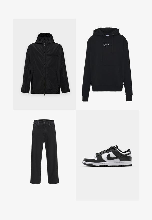 Černá voděodolná bunda s kapucí, zapínáním na zip a dvěma bočními kapsami. Obsahuje malou náprsní kapsu na zip a má hladkou texturu.; Černá mikina s kapucí vyrobená z měkké tkaniny, s přední kapsou, šňůrkami na stažení a bílou výšivkou loga na prsou. Klasický střih a pletené manžety.; Černé džíny rovného střihu z denimu s knoflíkovým a zipovým zapínáním, poutky na opasek a předními i zadními kapsami.; Černobílé tenisky Nike Dunk s koženým svrškem, perforovanou špičkou, černými tkaničkami a černou gumovou podrážkou s dezénem.